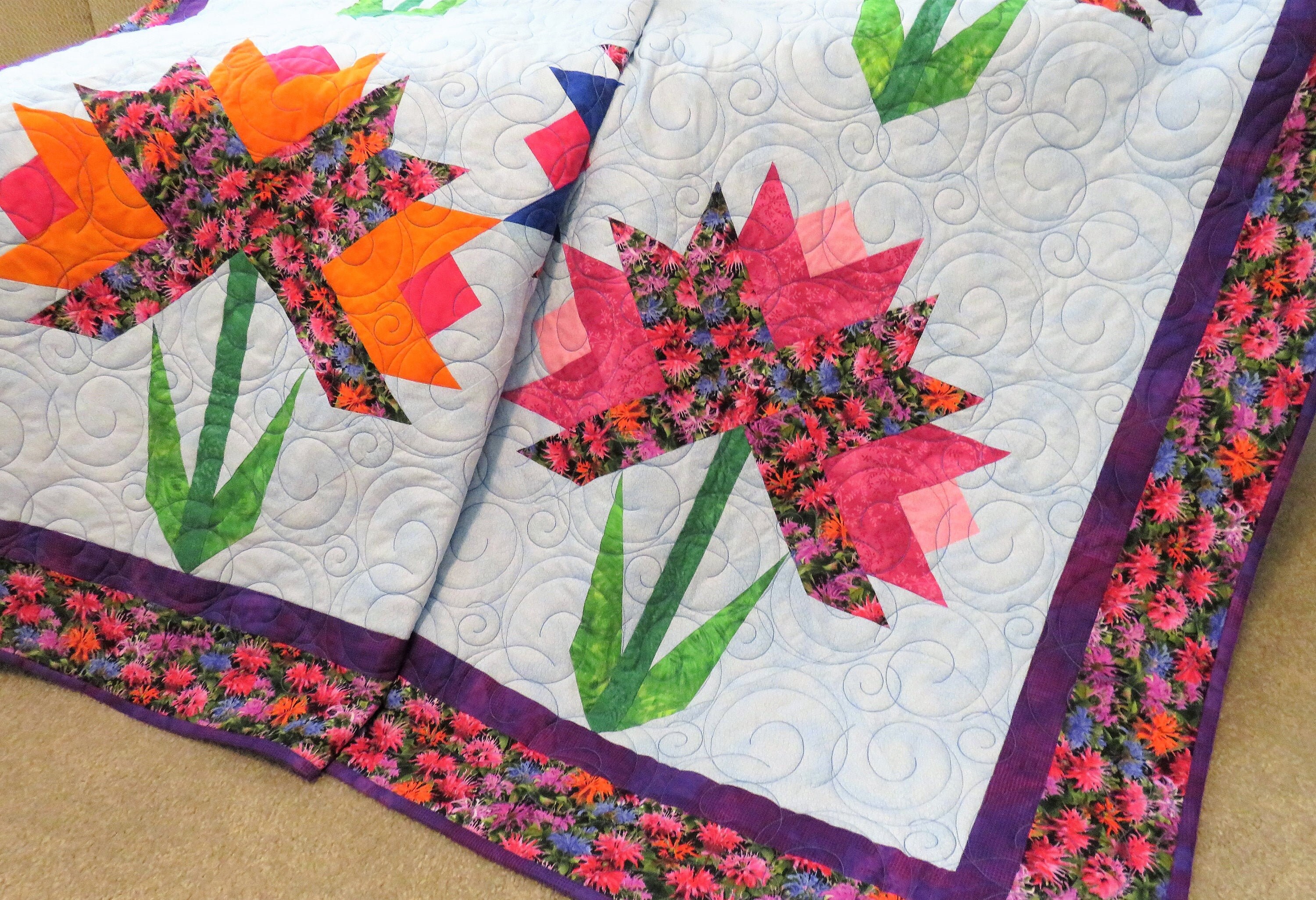 Handmade Quilt for Sale, Twin Size Quilt, Floral Blanket, Flowers Quilt