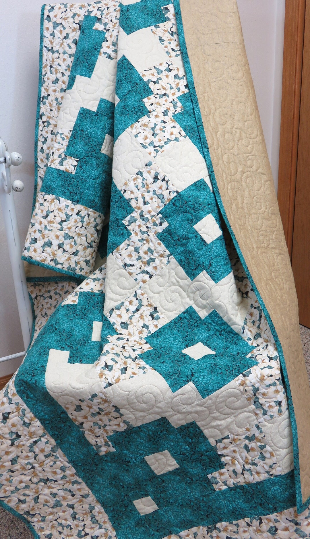 Handmade Quilt for Sale, Teal Throw Quilt, Floral Quilt, Lap Quilt