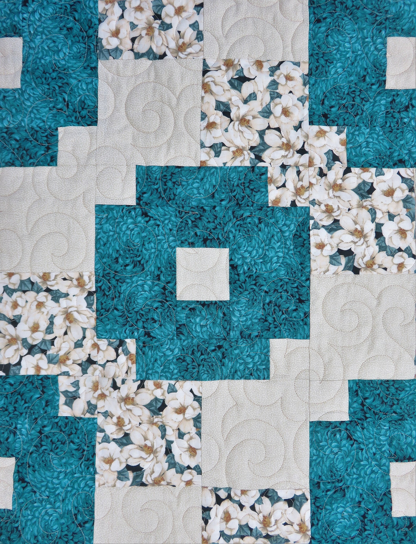 Handmade Quilt for Sale, Teal Throw Quilt, Floral Quilt, Lap Quilt
