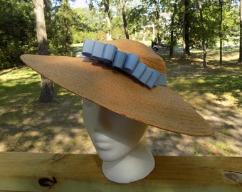 Vintage 30's 40's Ladies Straw Tilt Wedding Tea Derby Blue Bow Hat