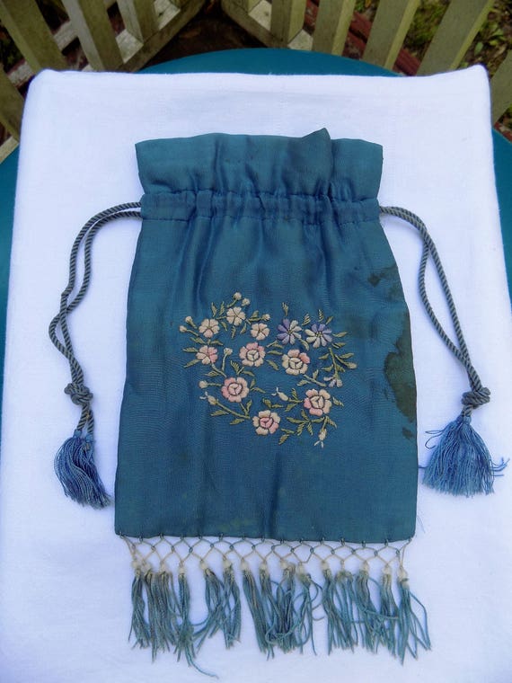 Antique Vintage Edwardian Blue Silk Hand Embroird… - image 1