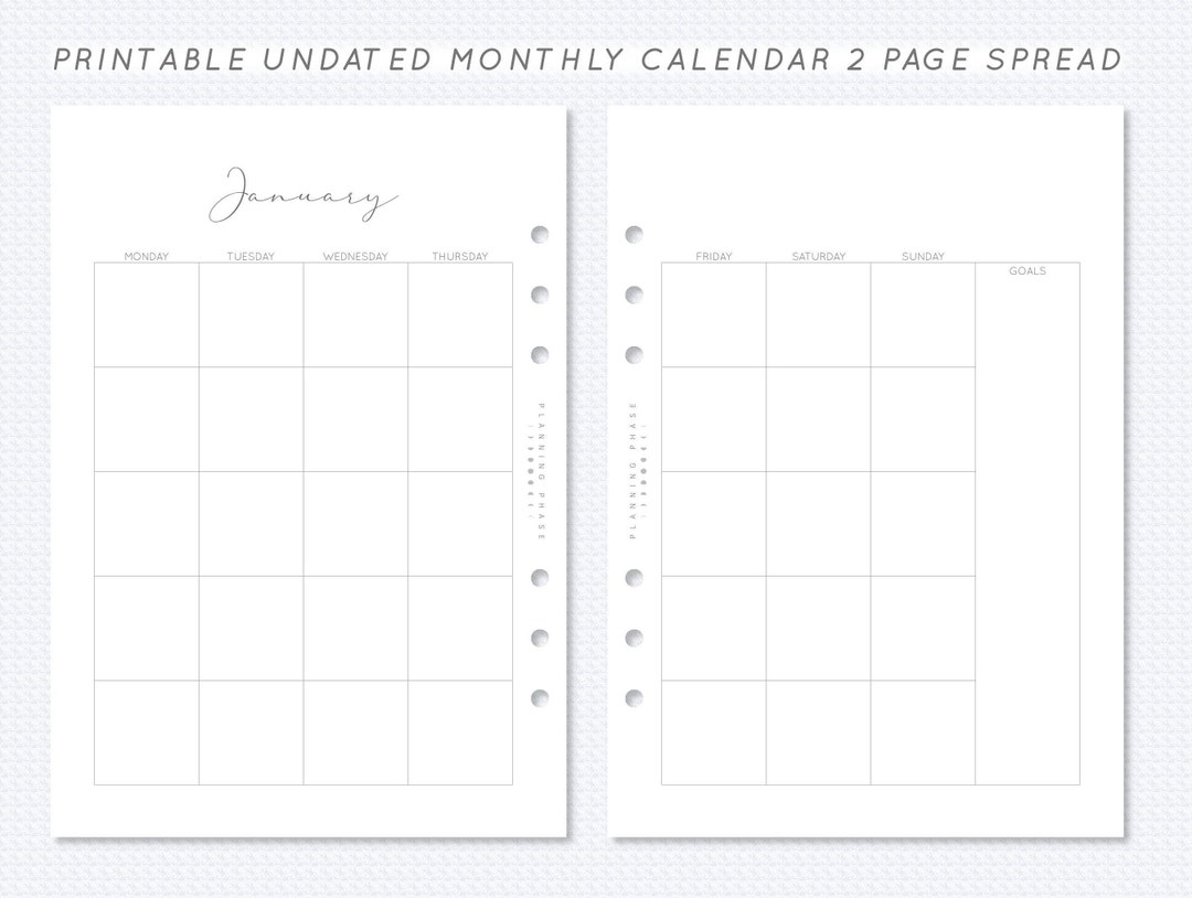 Undated Monthly Calendar Printable A5 Filofax Planner Insert Monday or ...