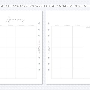 Undated Monthly Calendar Printable A5 Filofax Planner Insert Monday Or Sunday Start Month On Two Page Spread MO2P
