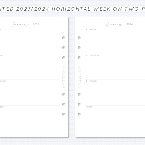 **Gedruckte horizontale Wochenübersicht 2024 A5 Filofax Planer Einlage Sonntag / Montag Start Woche auf zwei Seiten WO2P