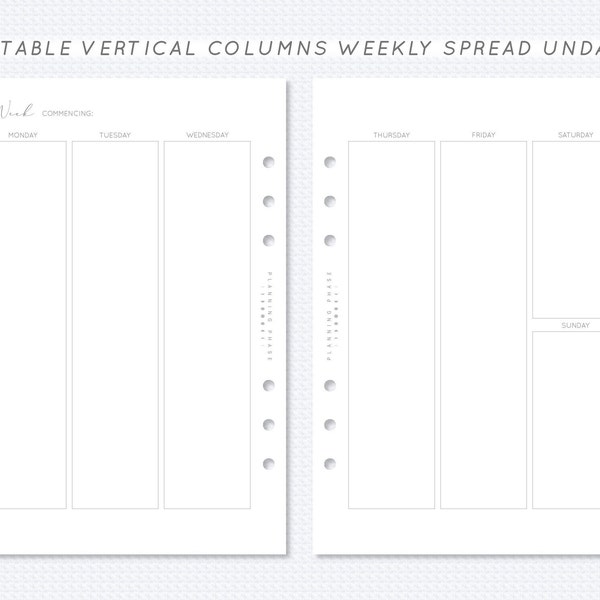 Undated Printable Vertical Column Weekly Planner Insert A5 Filofax Monday Start Week On Two Page Spread WO2P Erin Condren