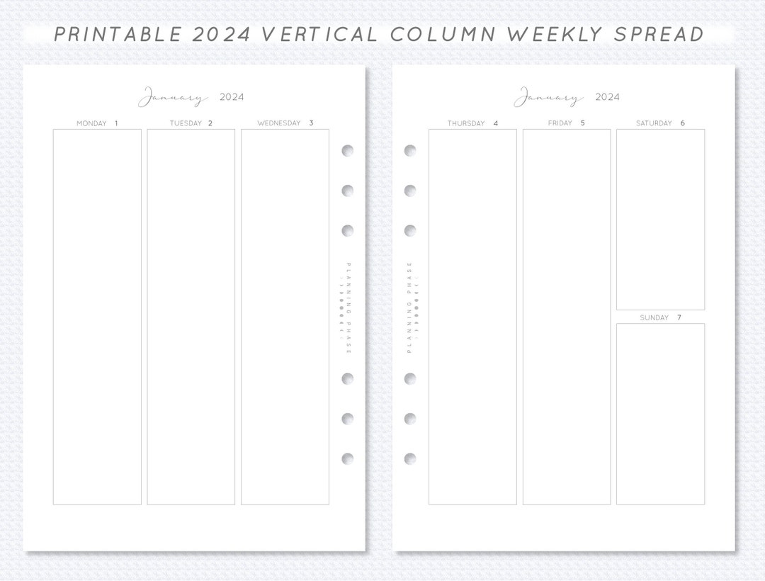 2024 Vertical Column Weekly Planner Insert Printable A5 Filofax Monday ...