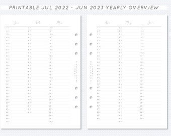 Yearly Overview Jul 2022 - Jun 2023 Printable A5 Filofax Planner Insert 6 Months Across 2 Pages Academic