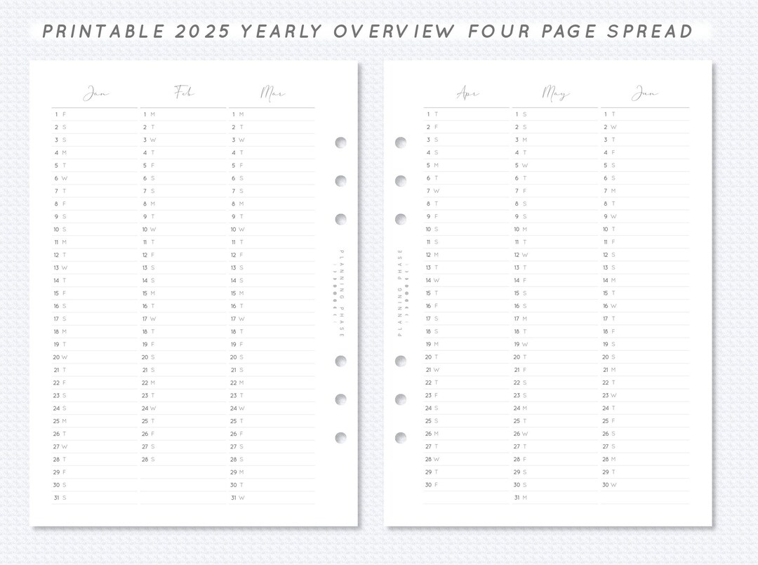 2025 Yearly Overview Printable A5 Filofax Planner Insert 6 Months ...