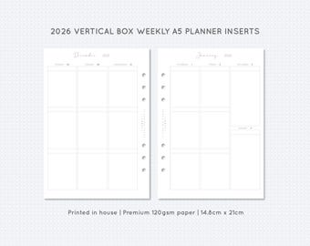 PRINTED 2025/2026 Vertical Box Weekly Planner Insert A5 Filofax Monday Start Week On Two Page Spread WO2P Erin Condren