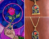 Beauty and the beast inspired rose necklace, Belle 39 s necklace, beauty and the beast enchanted rose necklace, stained glass rose necklace