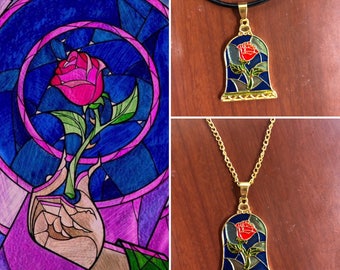 Beauty and the beast inspired rose necklace, Belle's necklace, beauty and the beast enchanted rose necklace, stained glass rose necklace