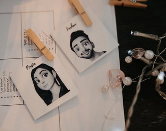 Tarjetas de lugar de boda con caricaturas personalizadas "Encuentra tu cara" con nombres