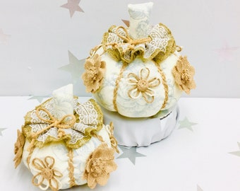 Blue Floral Fabric Pumpkin Set, Shabby Chic Home Decor, Spring Summer Tier Tray