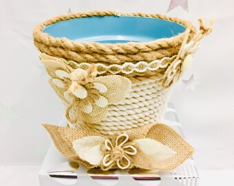 Cotton Rope Wrapped Plant Pot, Rustic Farmhouse Decor