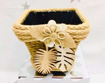 Jute Rope Wrapped Plant Holder, Recycled Metal Pot, Rustic Farmhouse Decor