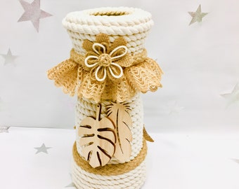 Cotton Rope Wrapped Glass Vase, Shabby Chic Decor, Recycled Glass Twine Bottle