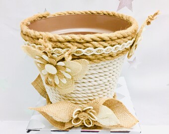 Cotton Rope Wrapped Plant Pot, Rustic Farmhouse Decor