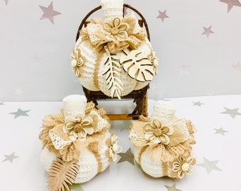 Upcycled Cotton Knit Sweater Pumpkin Set of 3, Neutral Farmhouse Decor, Thanksgiving Tier Tray