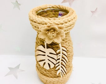 Jute Rope Wrapped Vase, Rustic Farmhouse Decor, Recycled Glass Twine Bottle