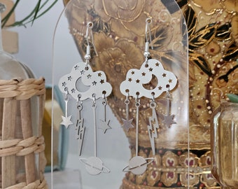 Storm Cloud Earrings / Dangle Earrings / Moon Earrings / Boho Hippie Earrings / Witchy Earrings / Raw Brass / Stainless Steel