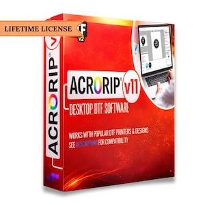 May include: A rectangular software box for AcroRip v11 Desktop DTF Software with a bright red background. The box features the text Lifetime License, AcroRip v11, and Works with popular DTF printers & designs. A laptop screen is visible on the right.