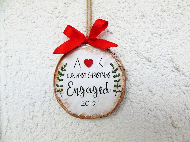 Newly Engaged Gift Personalized Wood Hanpainted Ornament Couple Gift Holiday Decor Our First Christmas Engaged Ornament Engagement Gift