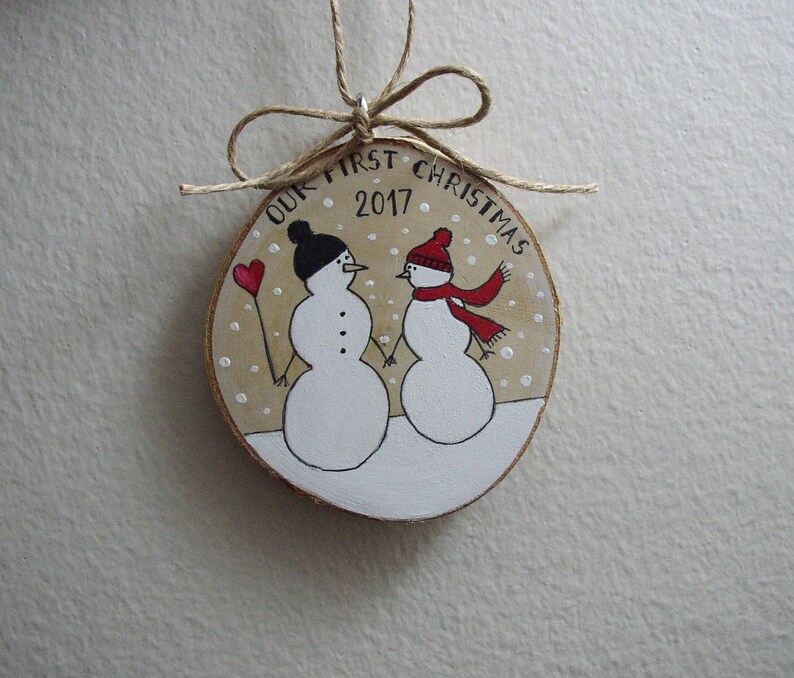 Our First Christmas Ornament, Handpainted Wedding Couple, Snowmen Couple, Newlywed Wedding Gift, Mr & Mrs Ornament, First Christmas Engaged image 3