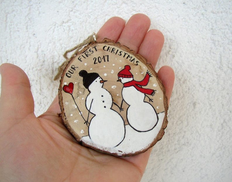 Our First Christmas Ornament, Handpainted Wedding Couple, Snowmen Couple, Newlywed Wedding Gift, Mr & Mrs Ornament, First Christmas Engaged image 6