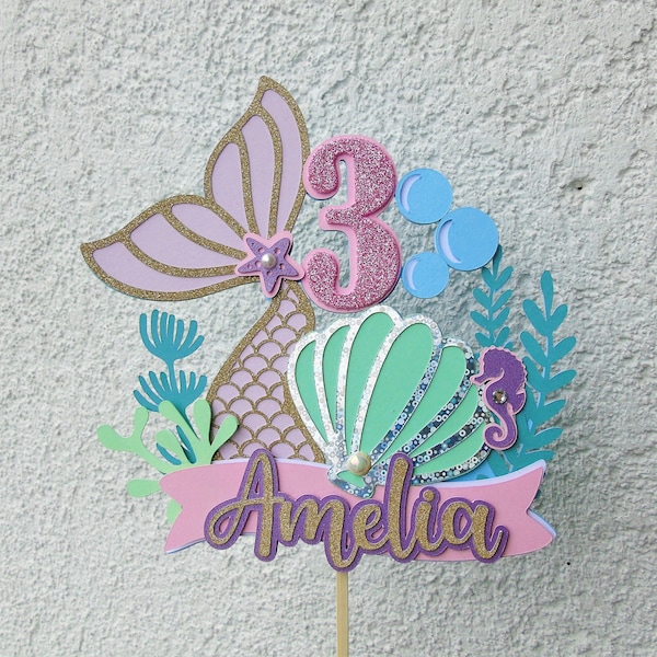 Mermaid Cake Topper, Custom Name and Age Cake Topper, Sea Birthday Cake Topper, 1st Girl Birthday, Mermaid Birthday Party Decoration