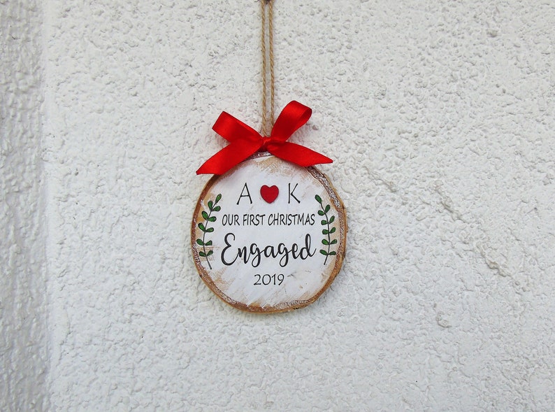 Newly Engaged Gift Personalized Wood Hanpainted Ornament Couple Gift Holiday Decor Our First Christmas Engaged Ornament Engagement Gift