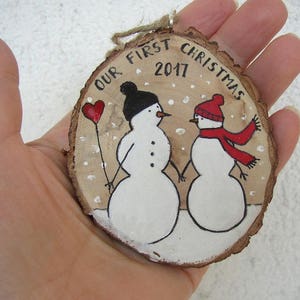 Our First Christmas Ornament, Handpainted Wedding Couple, Snowmen Couple, Newlywed Wedding Gift, Mr & Mrs Ornament, First Christmas Engaged with text