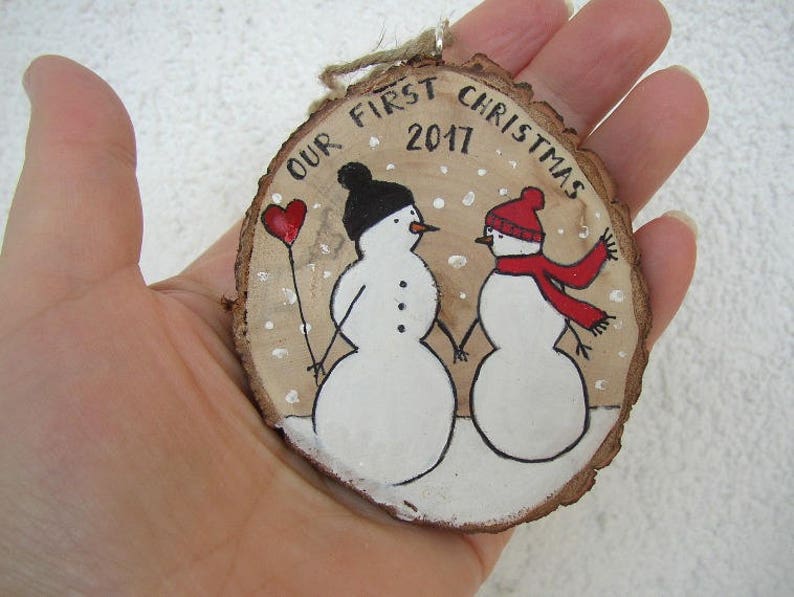 Our First Christmas Ornament, Handpainted Wedding Couple, Snowmen Couple, Newlywed Wedding Gift, Mr & Mrs Ornament, First Christmas Engaged with text