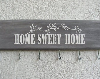 Housewarming Gift, Key Holder, Wall Key Rack, Home Sweet Home Sign, Farmhouse Wood Decor, New House, Rustic Sign, Key Hanger