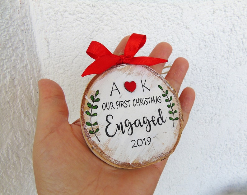 Newly Engaged Gift Personalized Wood Hanpainted Ornament Couple Gift Holiday Decor Our First Christmas Engaged Ornament Engagement Gift