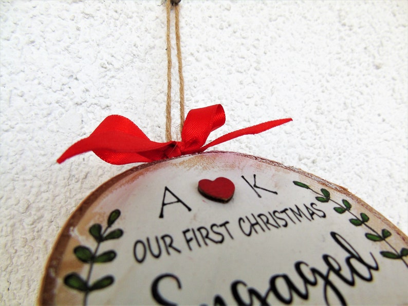Newly Engaged Gift Personalized Wood Hanpainted Ornament Couple Gift Holiday Decor Our First Christmas Engaged Ornament Engagement Gift