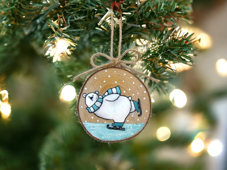 Polar Bear Ornament, Christmas Ornaments, Cute Polar Bear Skating, Woodland Ornament, Christmas Tree Decor, Winter Holiday Home Decor image 1