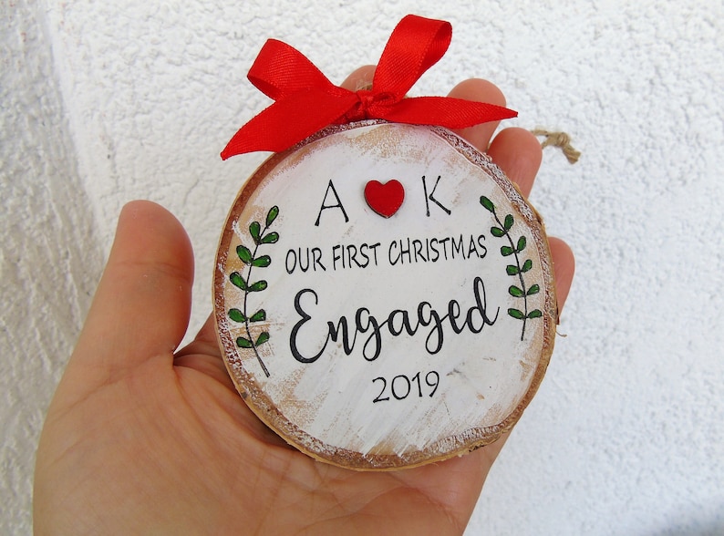 Newly Engaged Gift Personalized Wood Hanpainted Ornament Couple Gift Holiday Decor Our First Christmas Engaged Ornament Engagement Gift