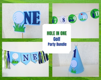 Hole in One Golf Birthday Bundle, Photo Banner, Golf Cake Topper, Highchair Banner, Boy 1st Birthday Party Decoration, Golf Decor, Party Hat