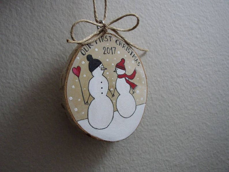 Our First Christmas Ornament, Handpainted Wedding Couple, Snowmen Couple, Newlywed Wedding Gift, Mr & Mrs Ornament, First Christmas Engaged image 7