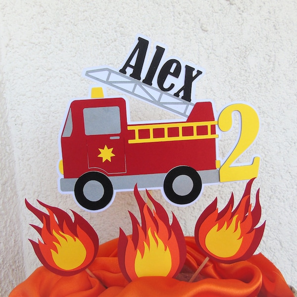 Firefighter Cake Topper, Personalized Fire Truck Cake Topper, Name and Age Cake Topper, Firefighter Boy Birthday Party, Fireman Cake Topper