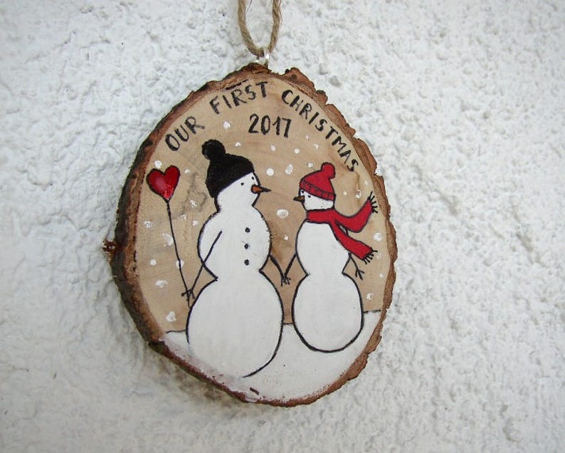 Our First Christmas Ornament, Handpainted Wedding Couple, Snowmen Couple, Newlywed Wedding Gift, Mr & Mrs Ornament, First Christmas Engaged image 4