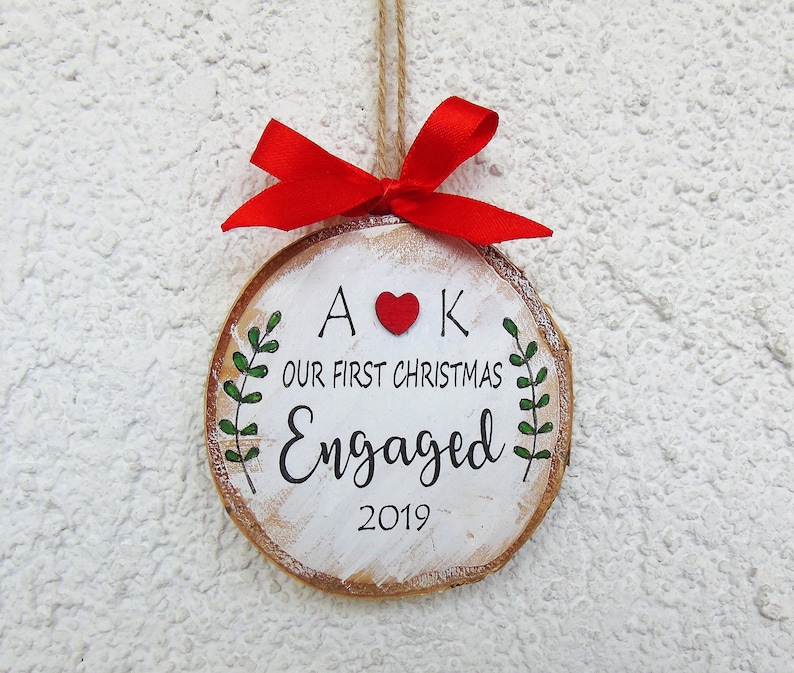 Newly Engaged Gift Personalized Wood Hanpainted Ornament Couple Gift Holiday Decor Our First Christmas Engaged Ornament Engagement Gift