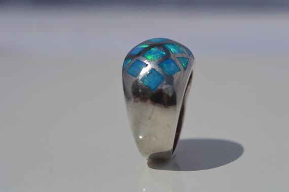 Blue opal ring, silver inlay blue opal ring, dome… - image 6