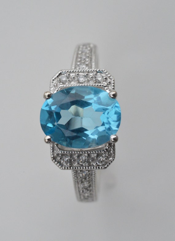 14k white gold topaz ring, Topaz and Diamond ring,