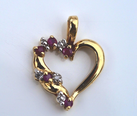 10k Gold Heart Pendant, Ruby and Diamond Accent - image 1