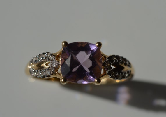 14k yellow checkerboard amethyst ring, square ame… - image 3