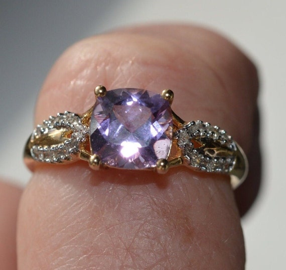 14k yellow checkerboard amethyst ring, square ame… - image 1