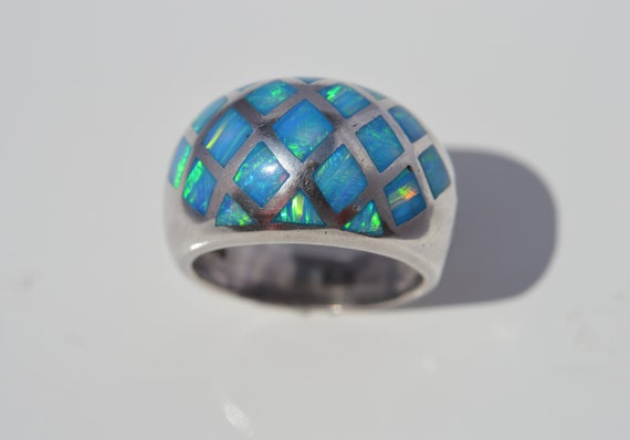 Blue opal ring, silver inlay blue opal ring, domed