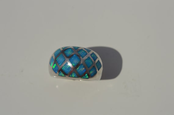 Blue opal ring, silver inlay blue opal ring, dome… - image 2