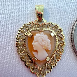 10k Gold Heart Cameo Pendant: Handcarved Shell Filigree
